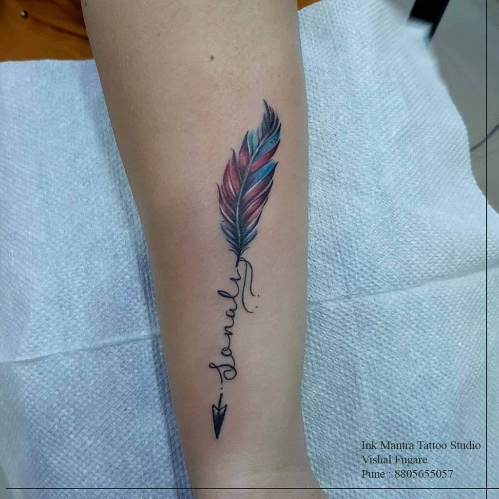 Colourful Feather Arrow Tattoo With Name