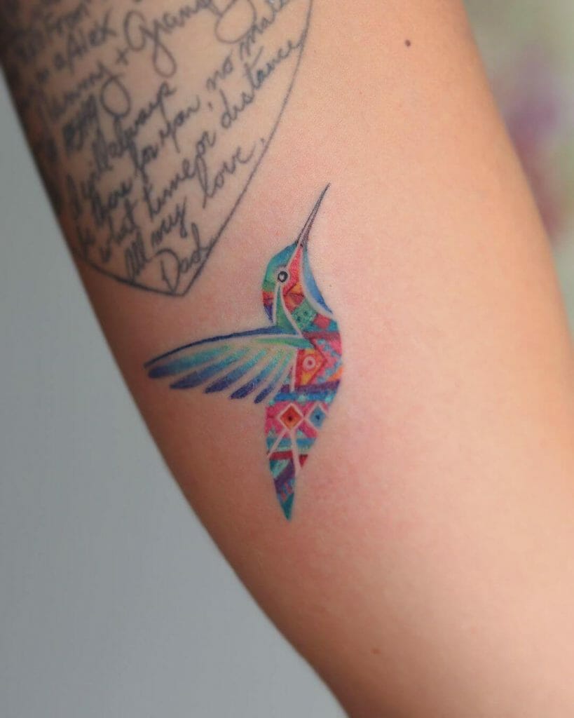Colourful Idea of Geometric Hummingbird Tattoos