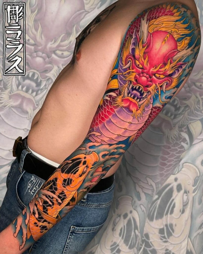 Colourful Japanese Style Koi And Dragon Sleeve Tattoo