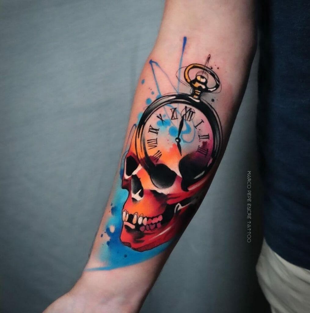 Colourful Skull Clock Hand Tattoo