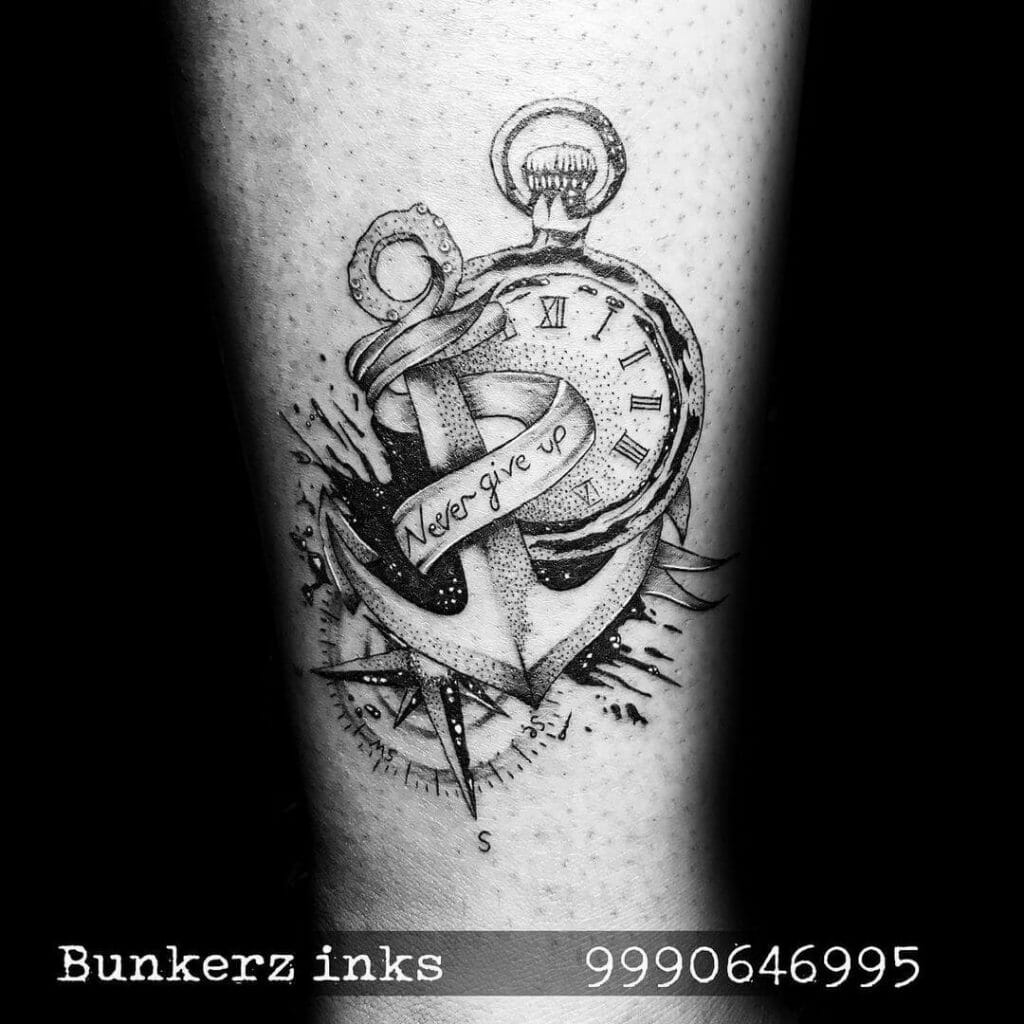 Compass Anchor Tattoo With Clock