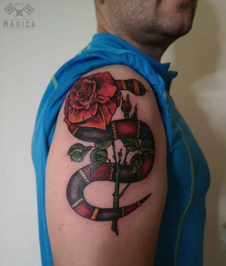 Coral Snake Tattoo With Rose