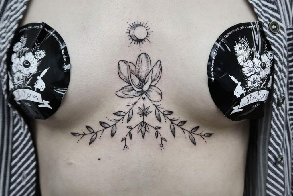 Crescent And Flower Sternum Tattoos