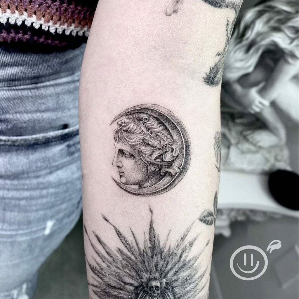Crescent Moon And Hera Goddess Tattoo