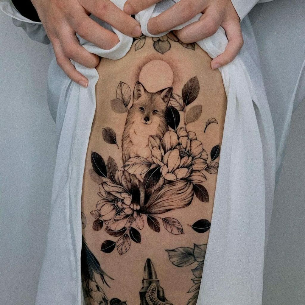 Curious Animal, The Fox Comes Bundled With A Flower In A Stunning Floral Tattoo