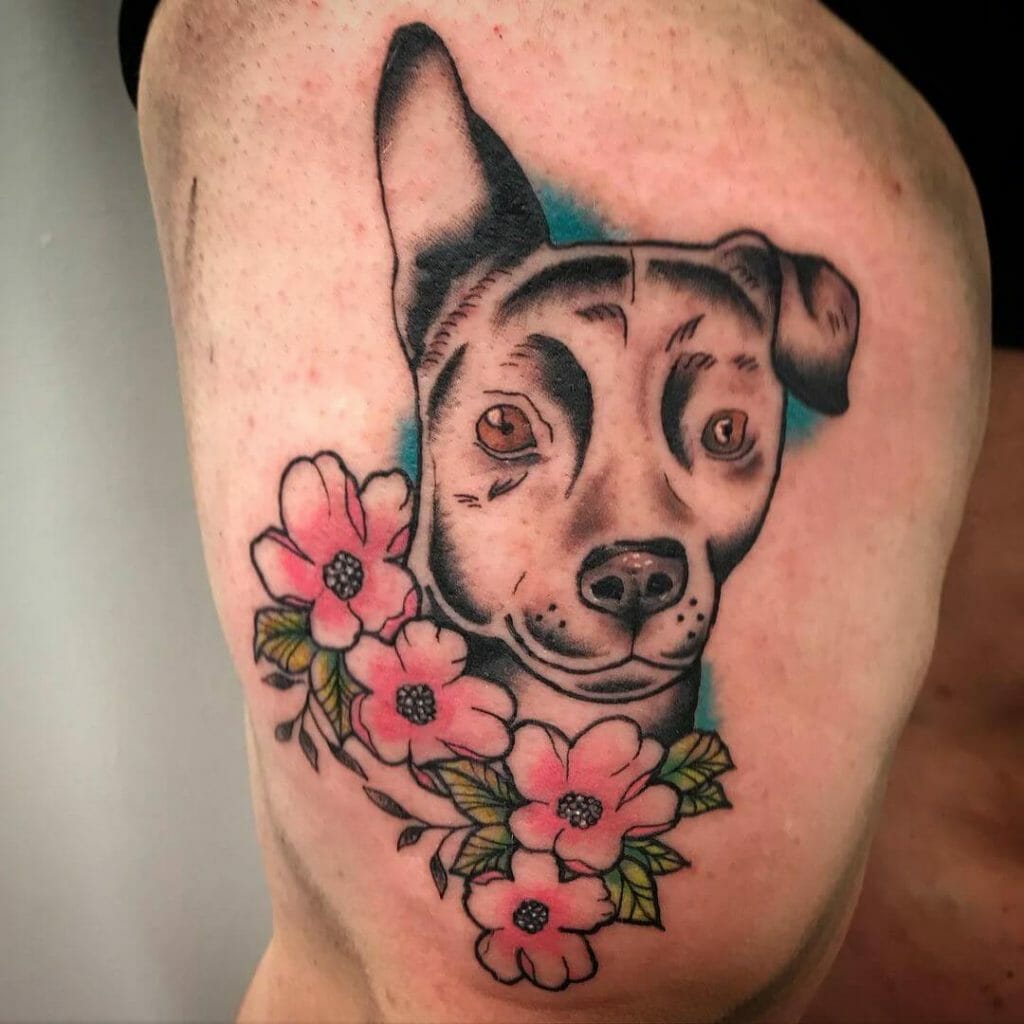 Cute American Traditional Dog Tattoo Designs With Flowers
