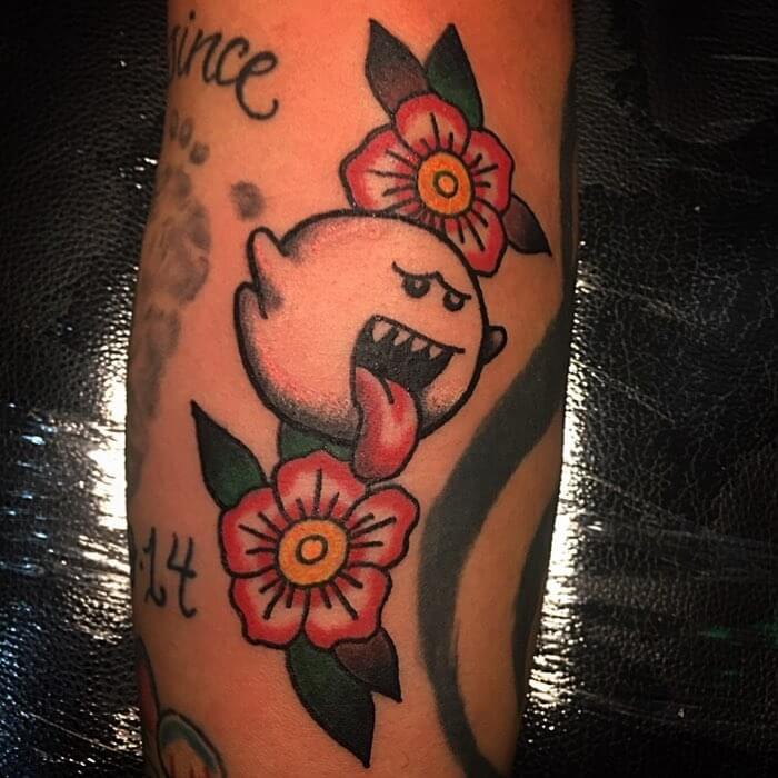 Cute Mario Ghost Tattoo Designs With Flowers