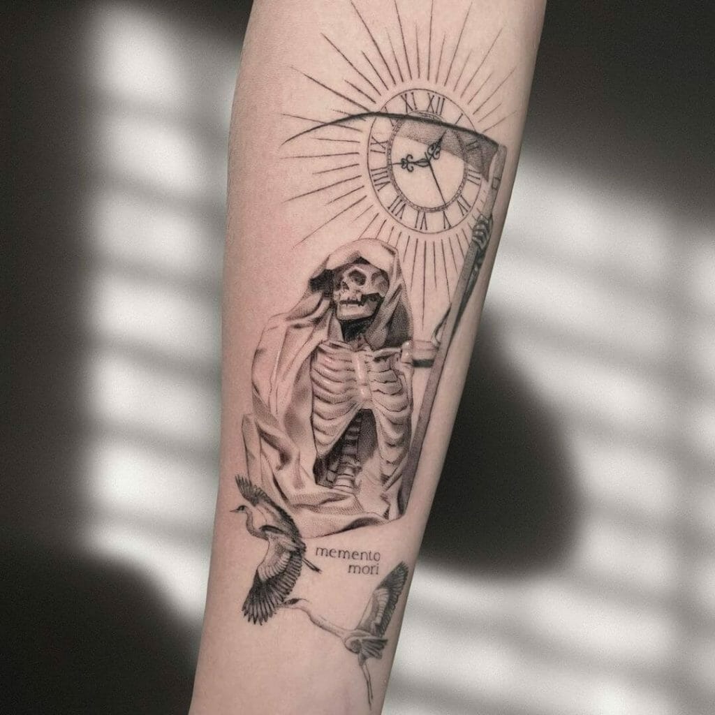 Death Reaper Clock Skeleton Hand Tattoo