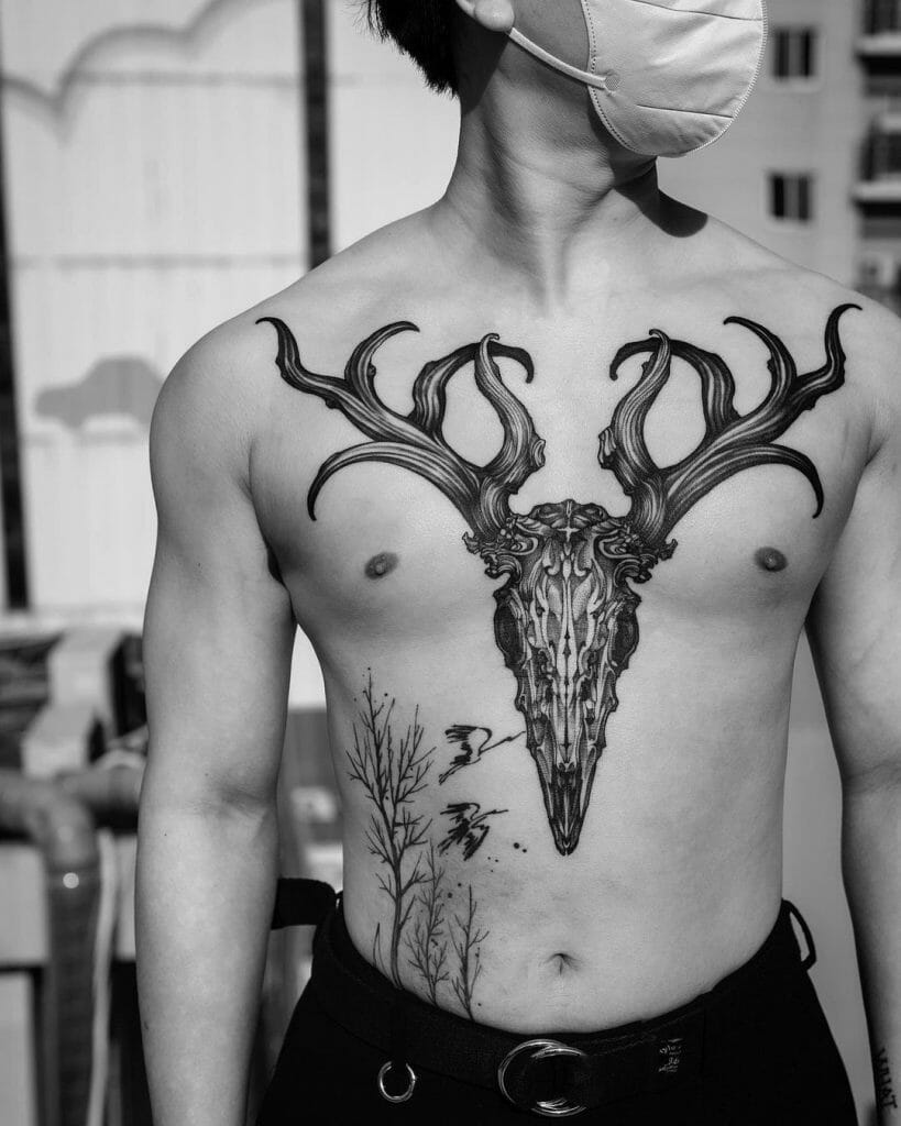 Deer Skull Chest Tattoo
