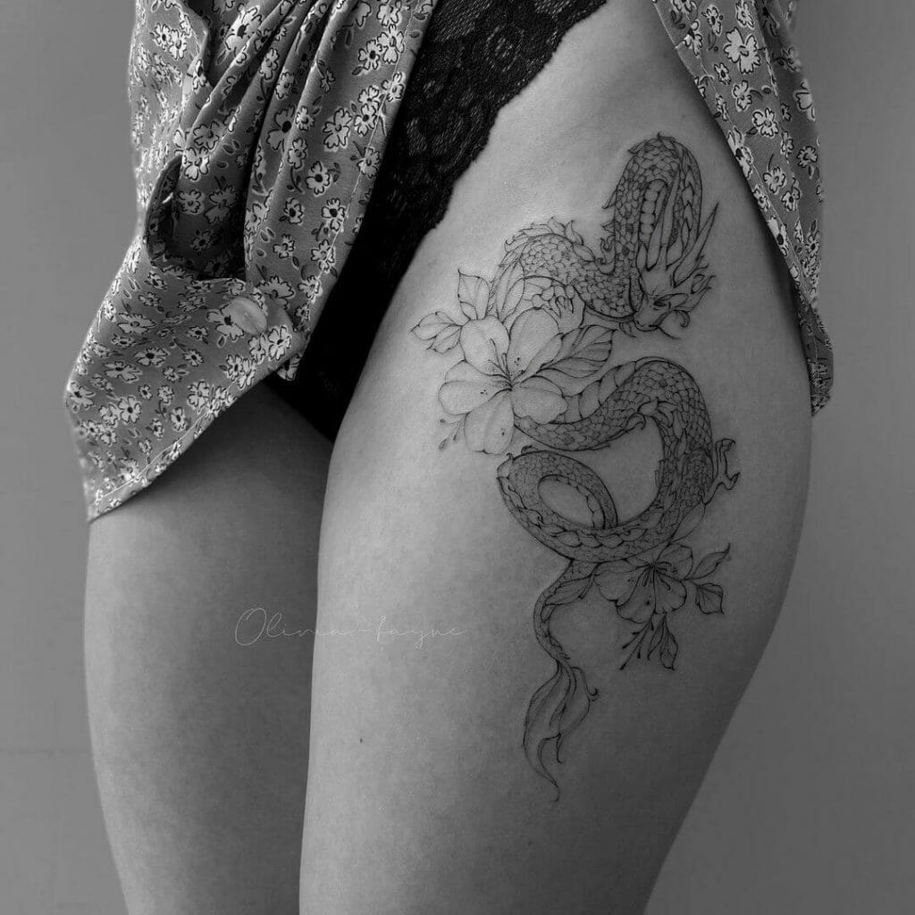 Delicate Dragon Upper Thigh Tattoo Ideas