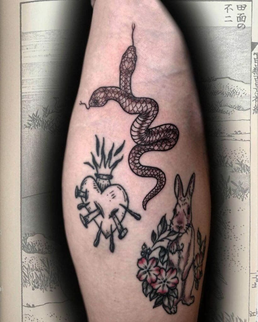 Double Headed Snake Tattoo Flowers and Other Elements