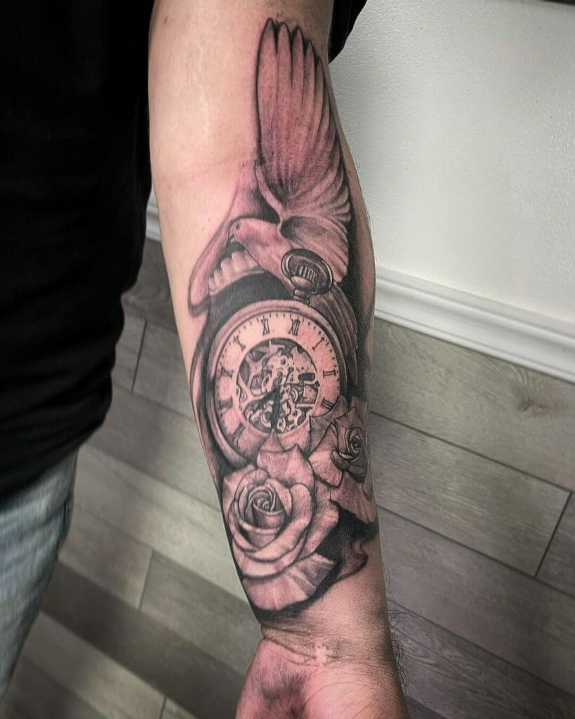 Dove, Roses, And Gear Clock Tattoo designs
