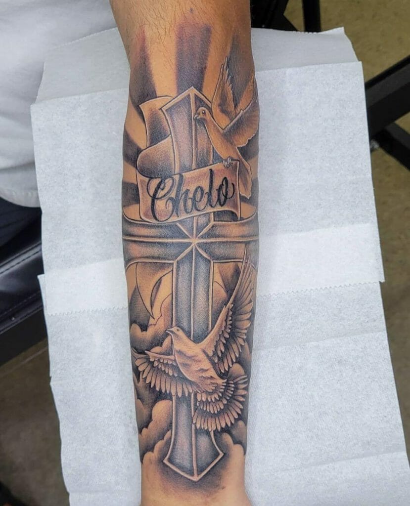 Dove and Black Cross Tattoo
