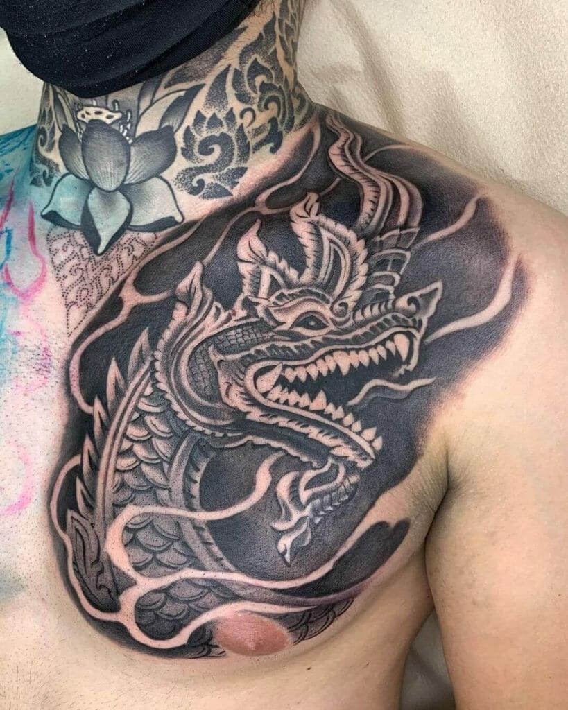 Dragon Lotus Chest And Neck Tattoo