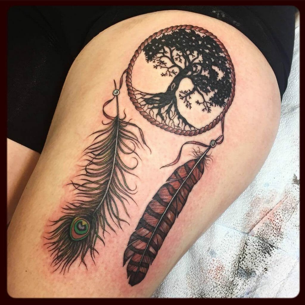 Dreamcatcher Hawk And Peacock Feather Tattoo