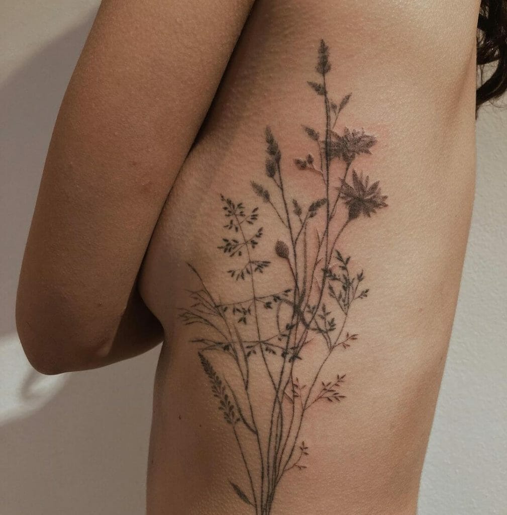 Dried Flowers And Ferns Stick And Poke Tattoo