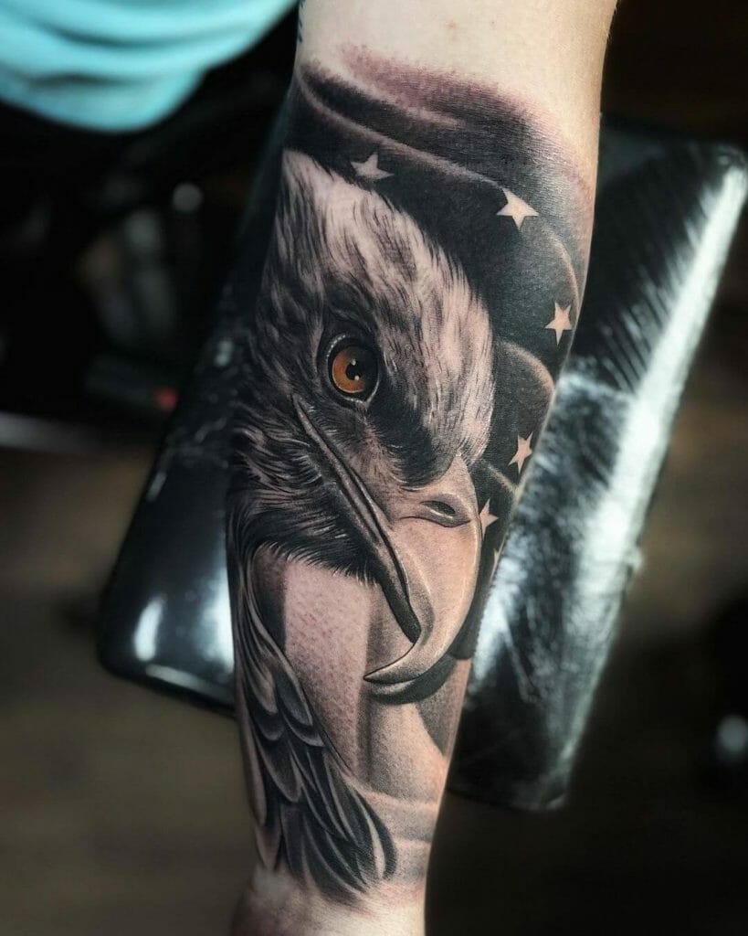 Eagle American Flag Tattoo In Black And Gray Style