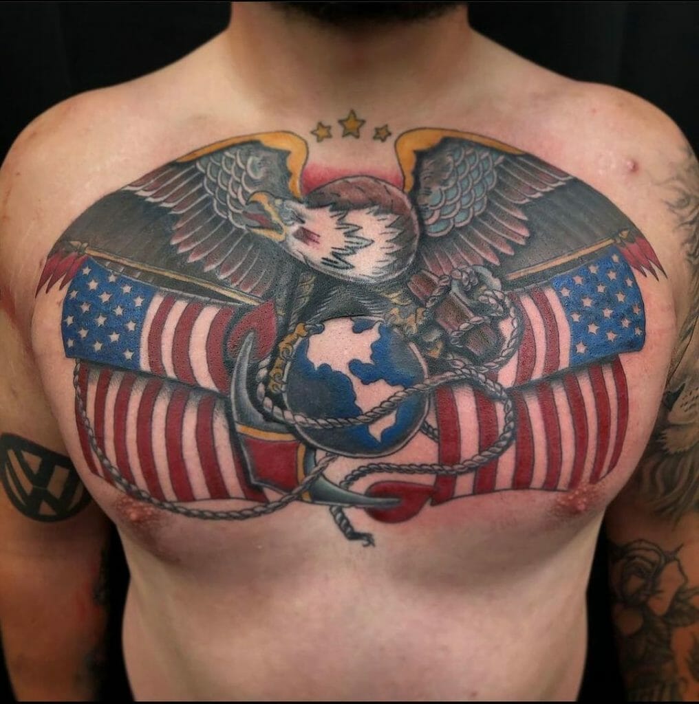 Eagle Globe And Anchor Chest Tattoo