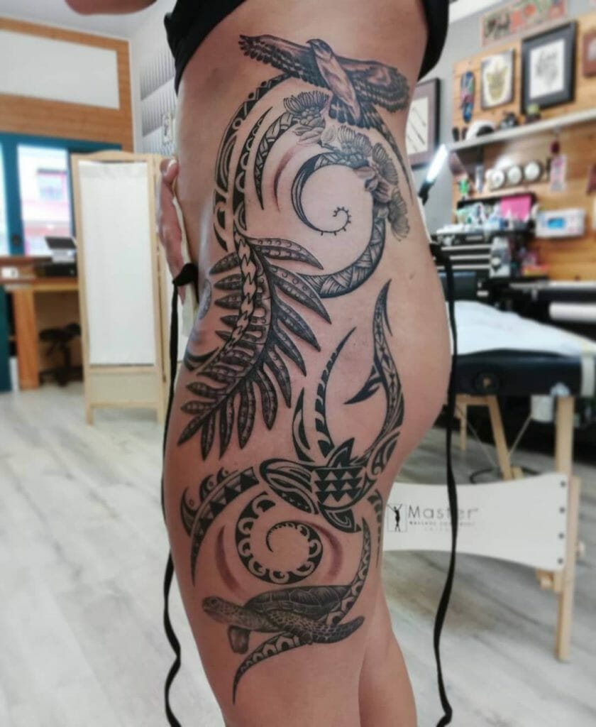 Elegant Polynesian Shark Tattoo With Bird And Turtle Motifs