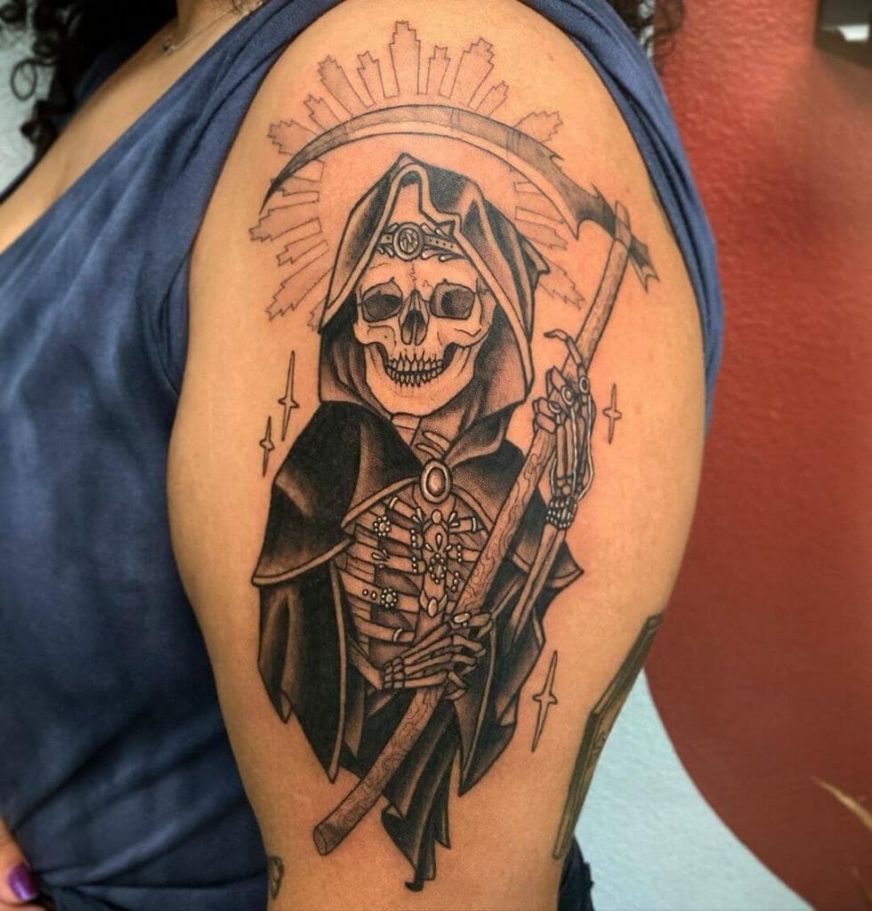 Female Grim Reaper Arm Tattoo