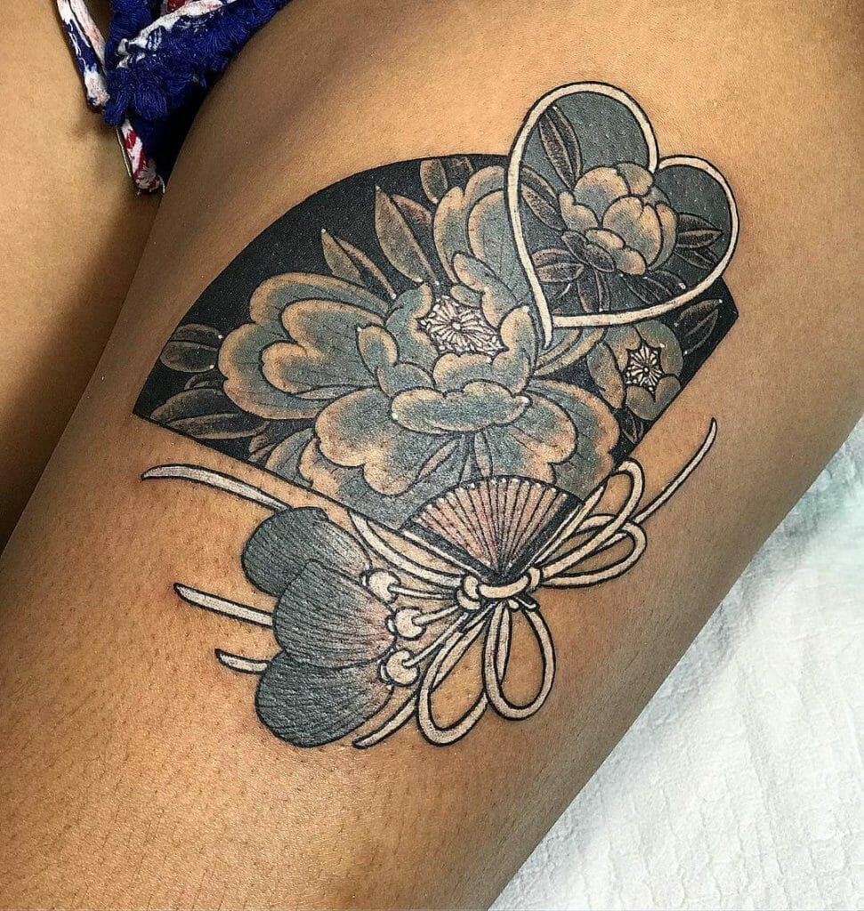Floral And Heart B&W Japanese Fan Tattoo
