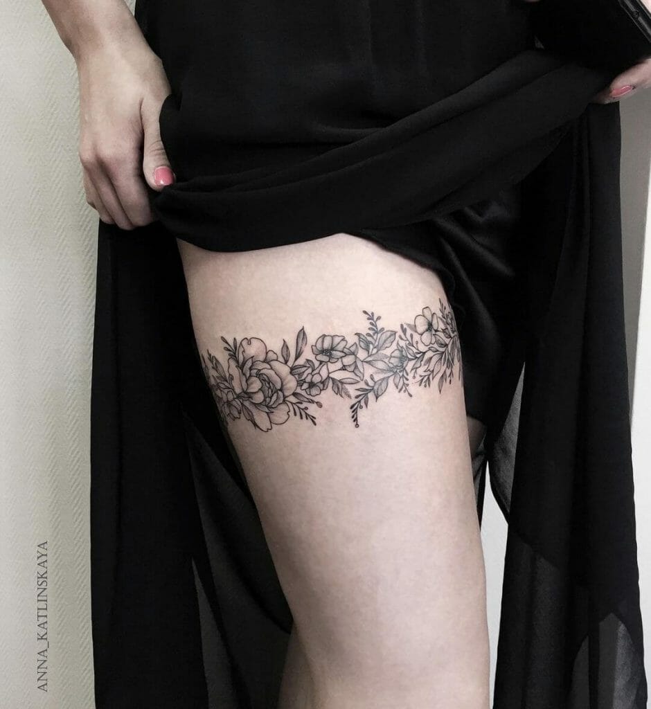 Floral Garter Upper Thigh Tattoo
