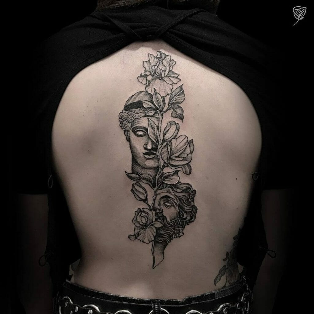 Floral Zeus And Hera Spine Tattoo