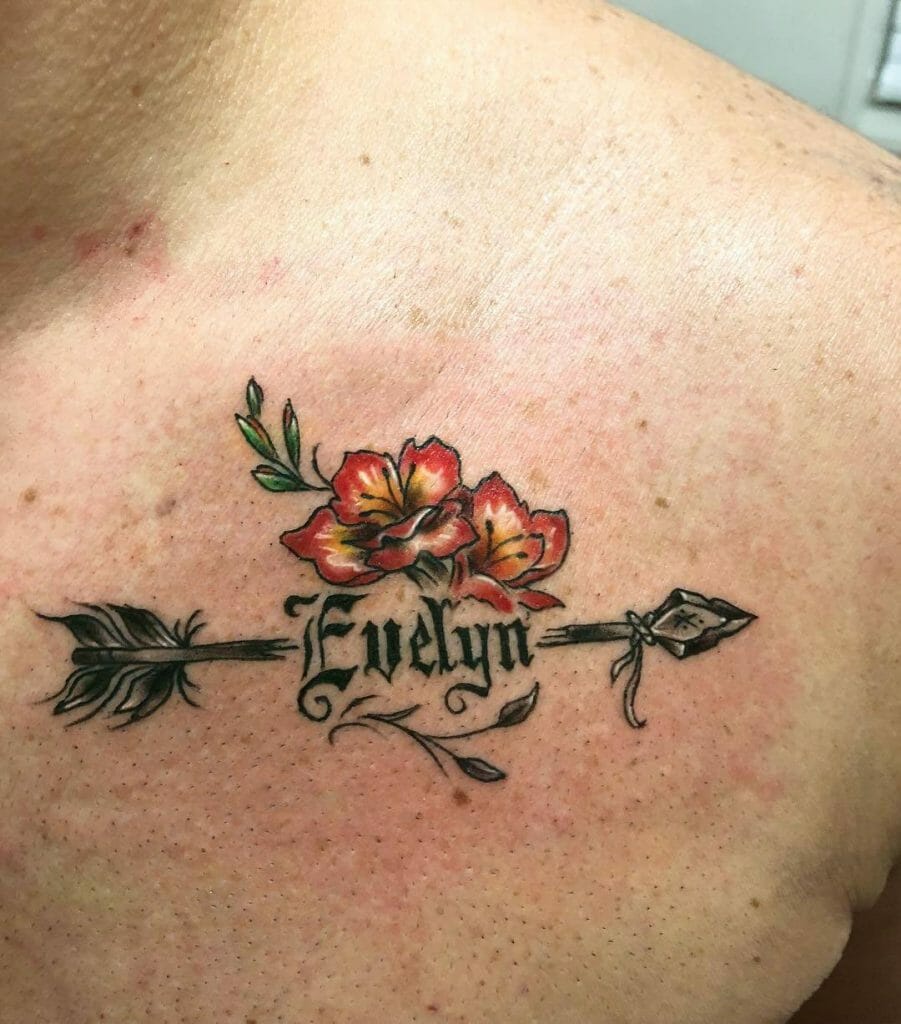 Flower And Arrow With Name Tattoo