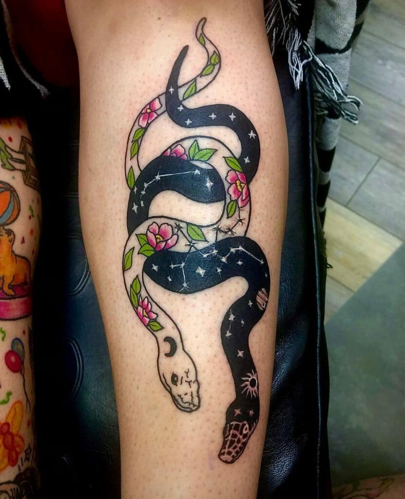 Flowers And Stars Tattoo Design With Snakes