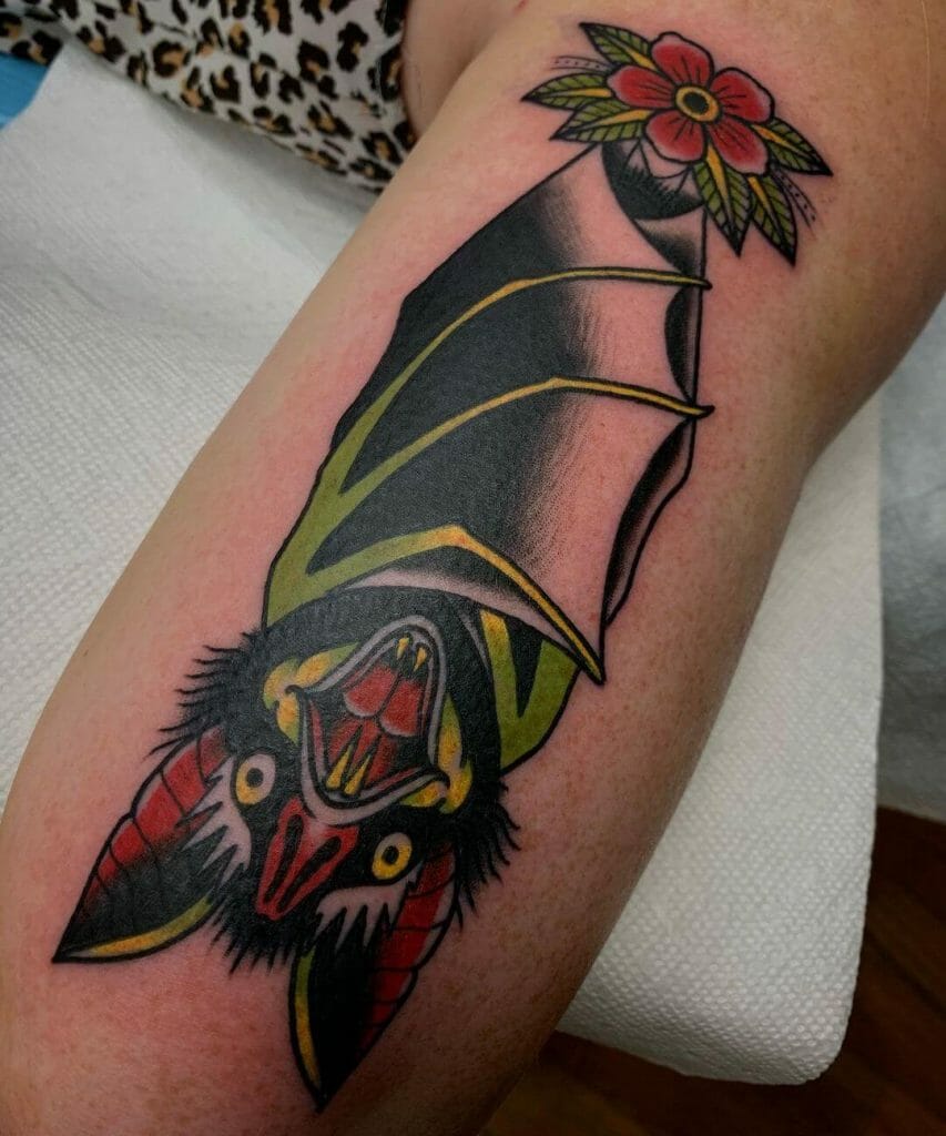 Flowers Art Combined With Bat Tattoo