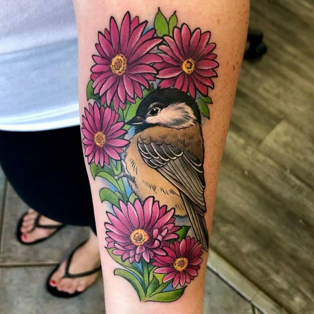 Fluffy Watercolor Chickadee tattoo 