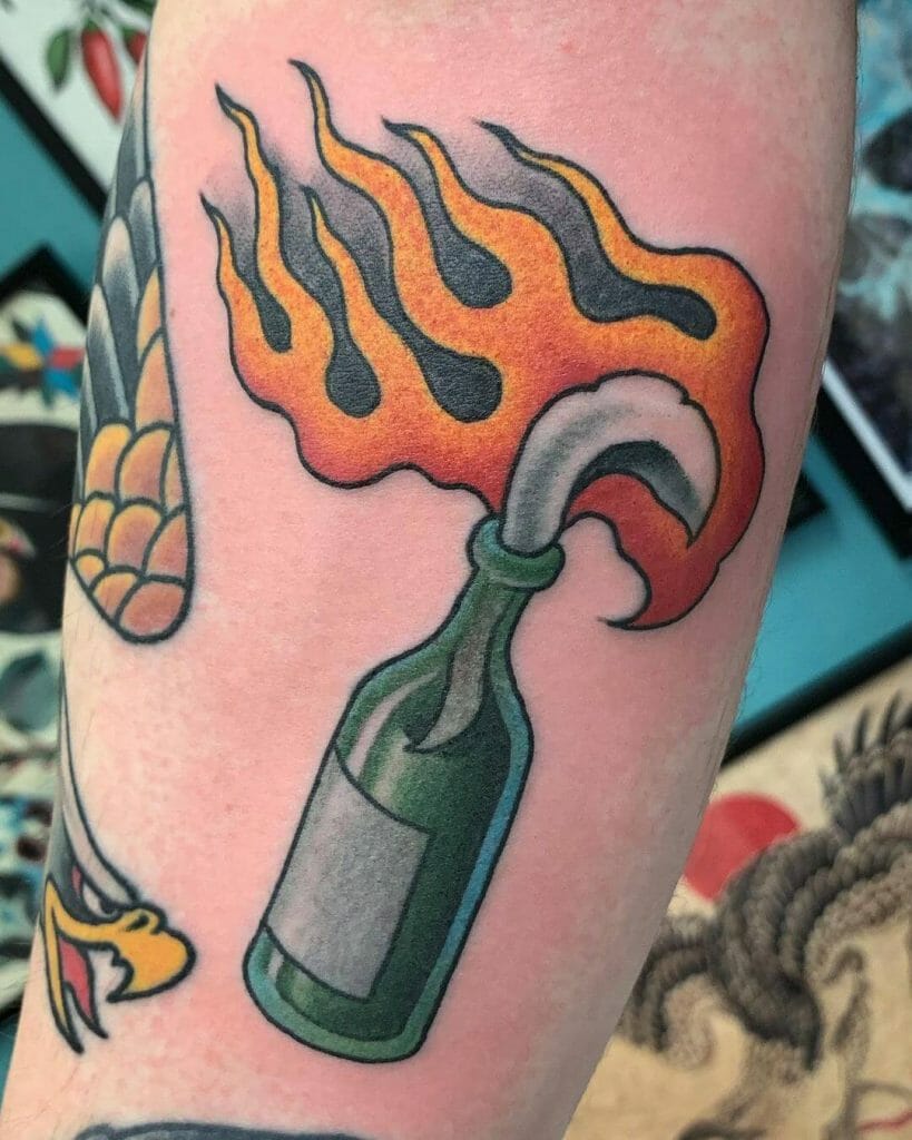Flying Flame Molotov Cocktail Tattoo