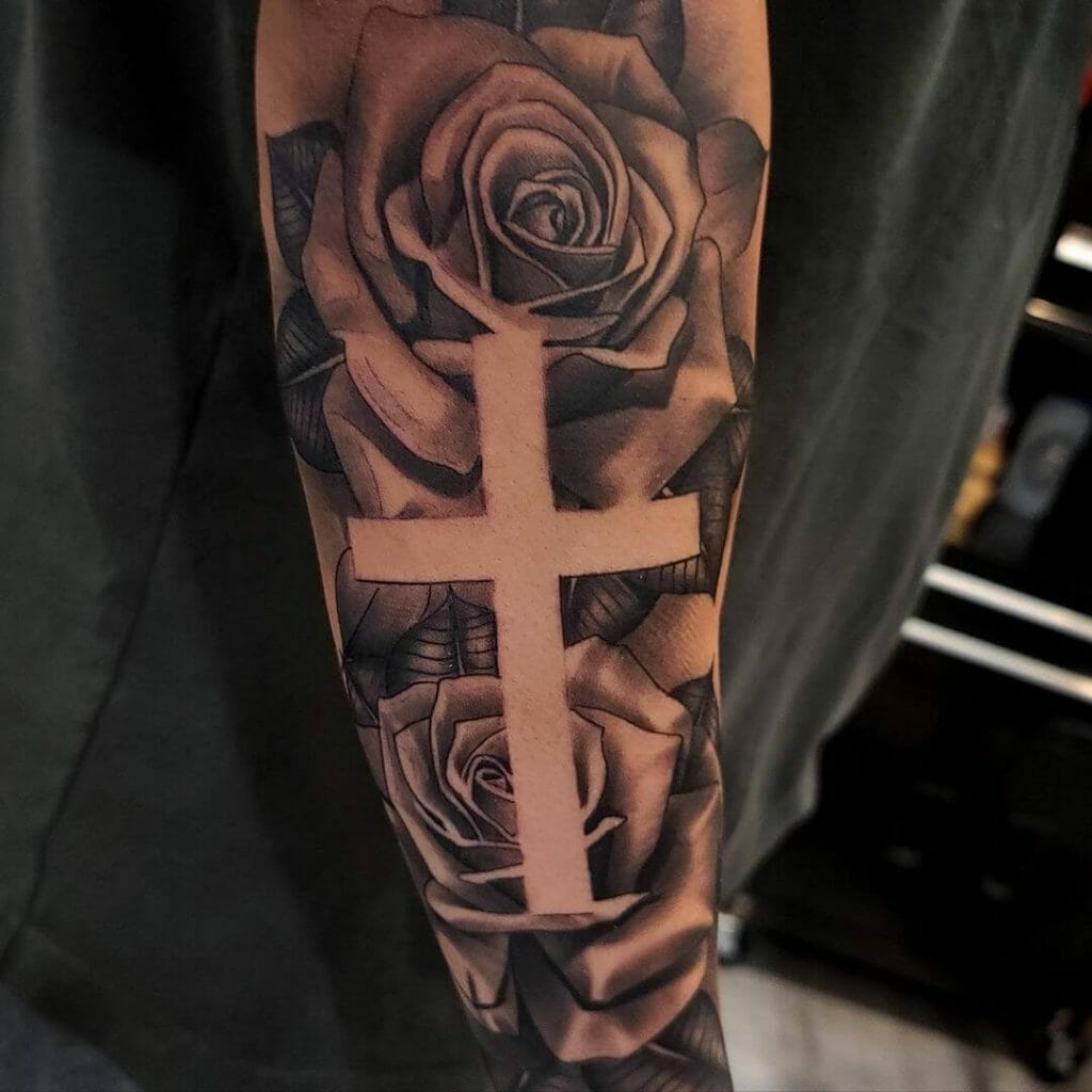 Forearm Roses And Cross Chain Tattoo