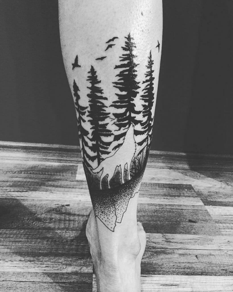 Forest Silhouette Tattoos With A Wolf