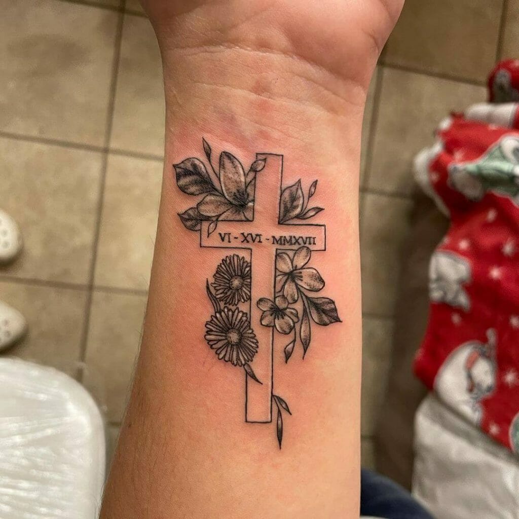Forget Me Not Flower With Cross Tattoo