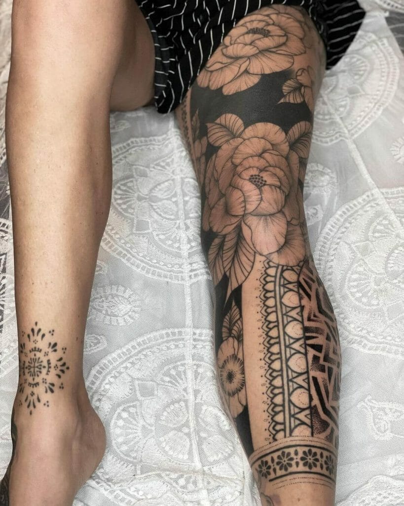 Full Leg Floral Tattoo Female