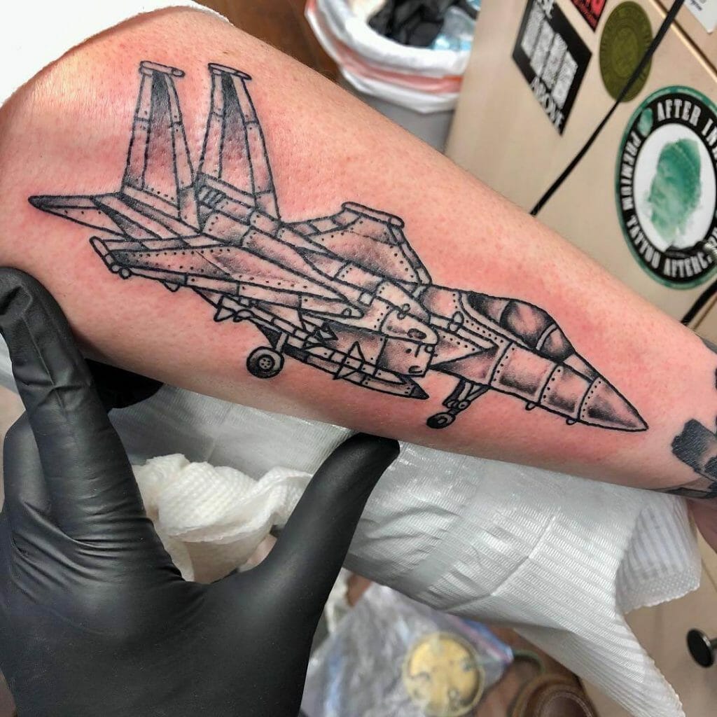 Full Scale Black And White Fighter Jet Tattoo