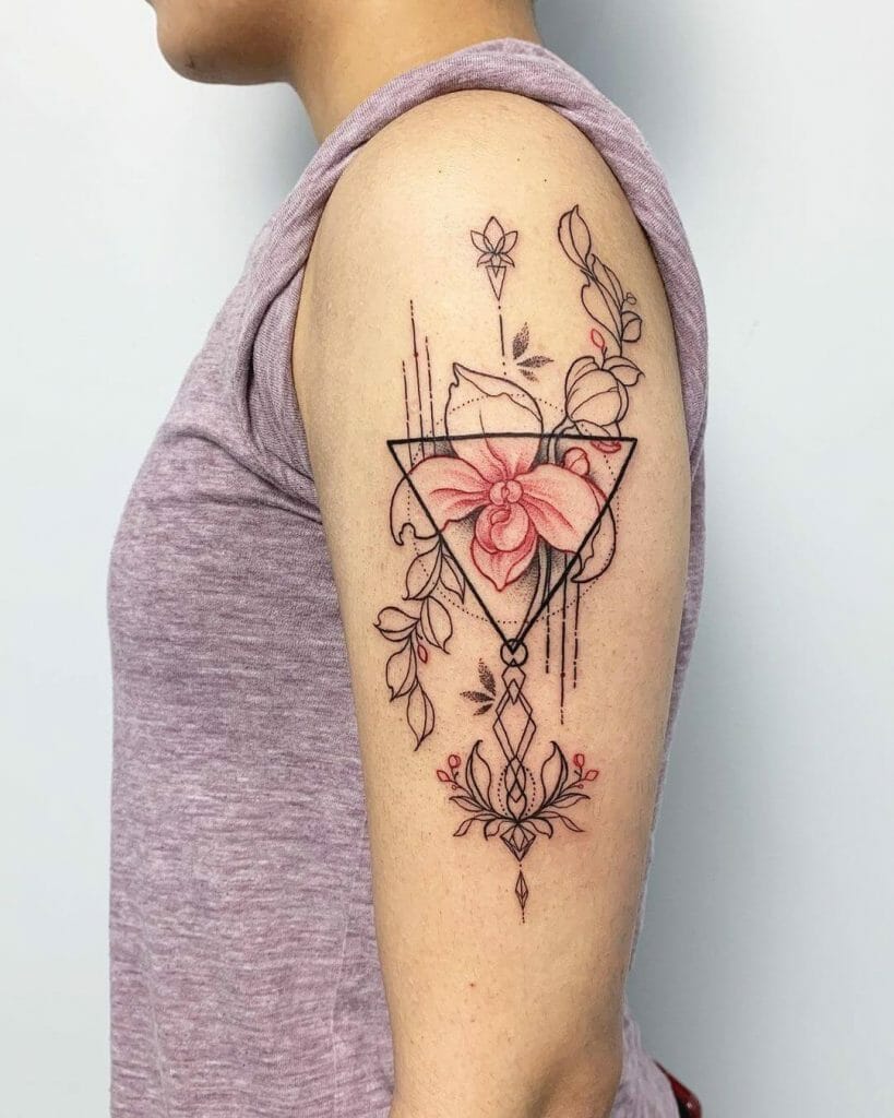 Geometric Orchid Tattoo with a Splash of Red
