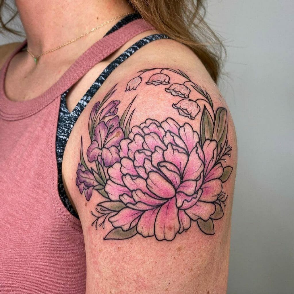 Gladiolus, Carnation, And Lily Shoulder Tattoo