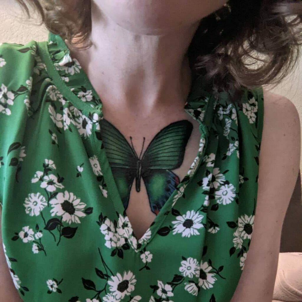 Green Butterfly Chest Tattoo
