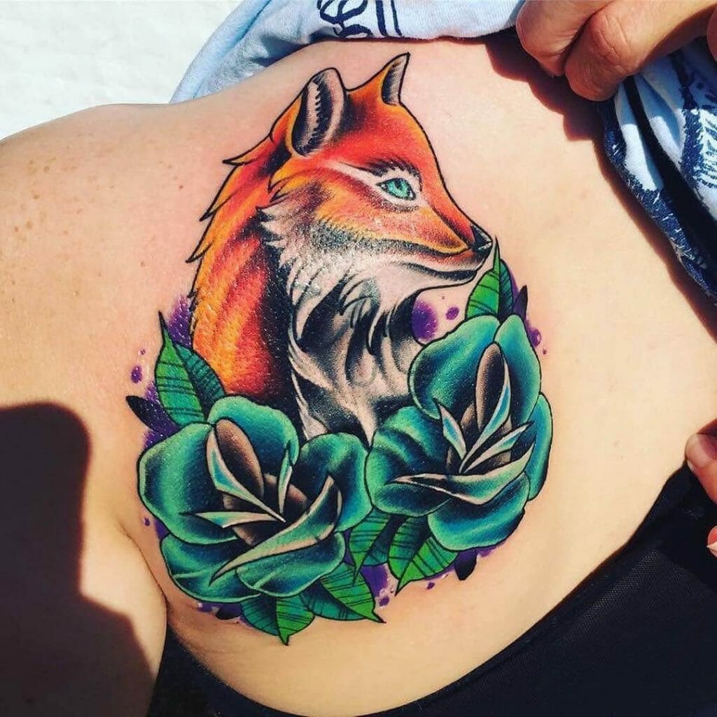 Green Rose Tattoo With A Fox