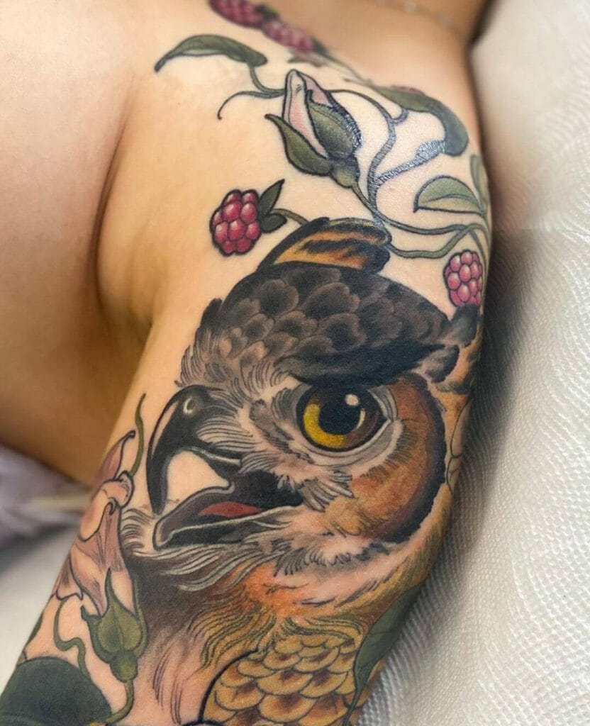 Half-Sleeve Horned Owl Tattoo