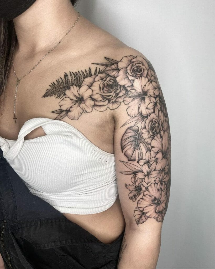 Half Sleeve To Chest Jasmine, Hibiscus, Fern, And Rose Tattoo