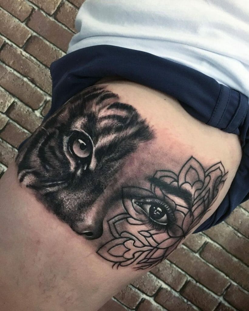 Half Tiger Half Woman Face Tattoo Design