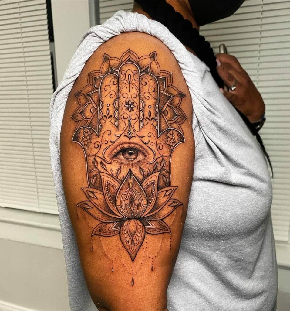 Hamsa Hand With Intricate Lotus And Mandala Tattoo Designs