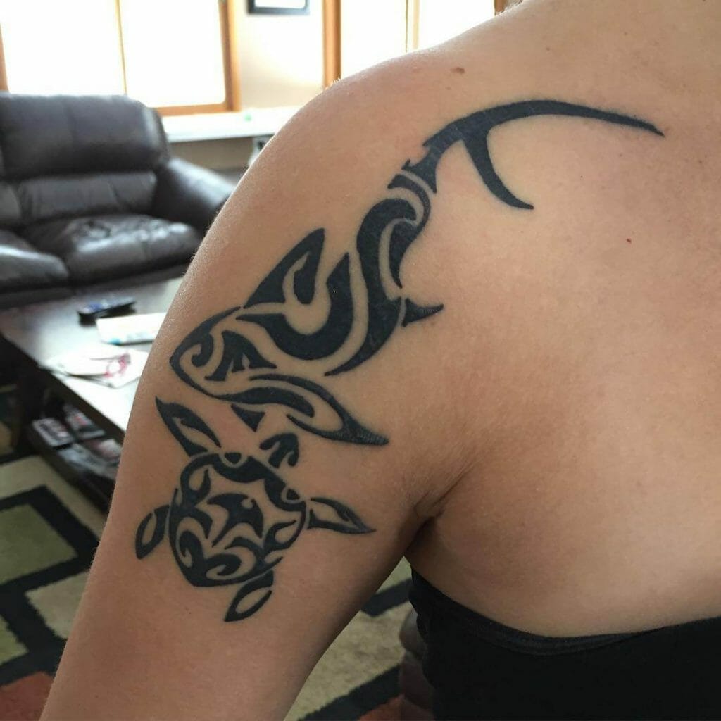 Hawaiian Shark Tribal Tattoo With A Turtle Motif
