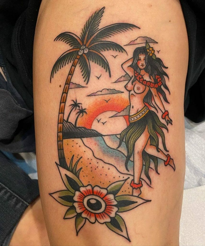 Intricate And Colourful Hula Girl Tattoo Design