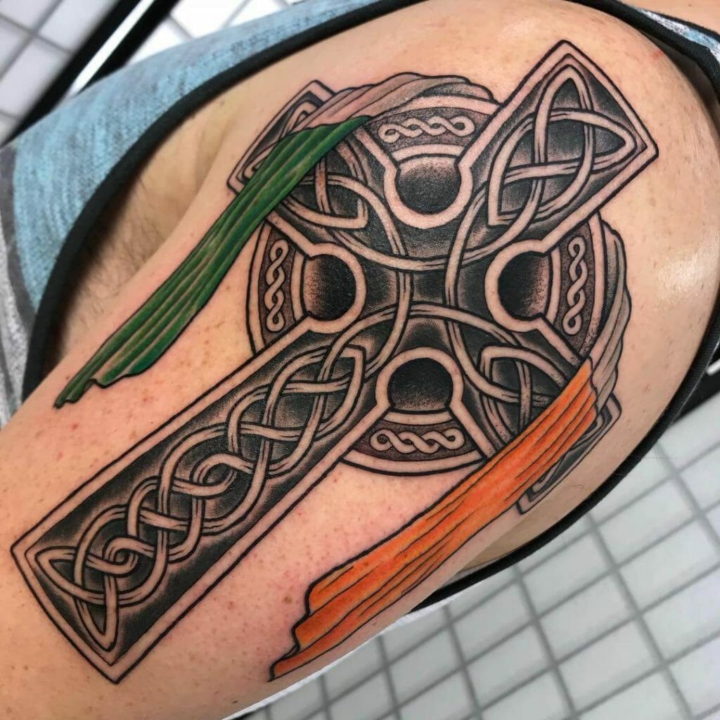 Irish Cross With Irish Flag Sleeve Tattoo