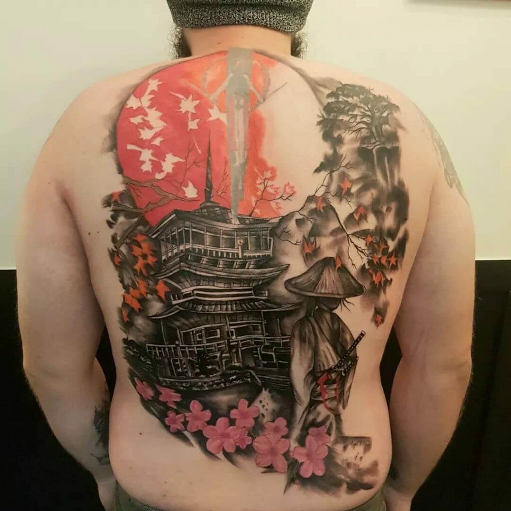 Japanese Flower Blossom And Scenic Back Tattoo