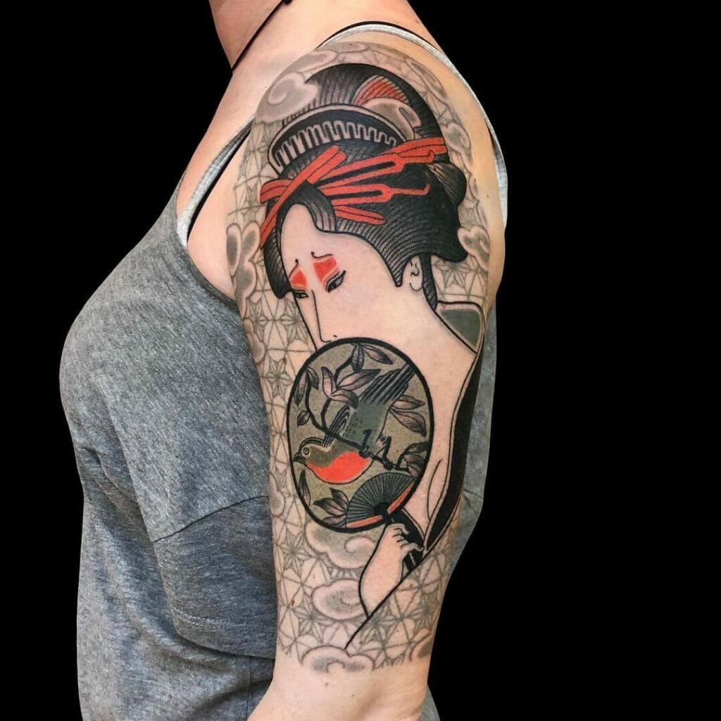 Japanese Hand Fan Tattoo Of A Woman